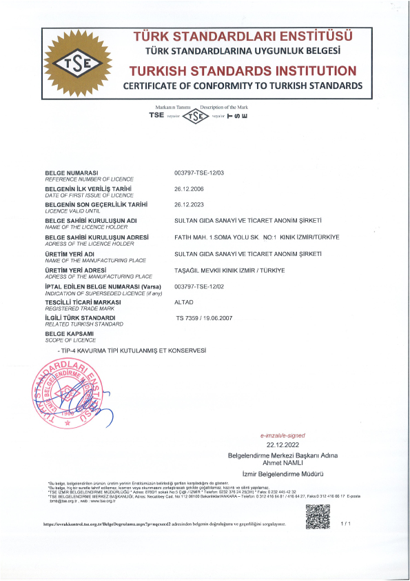 Kavurma Konservesi TSE Belgesi