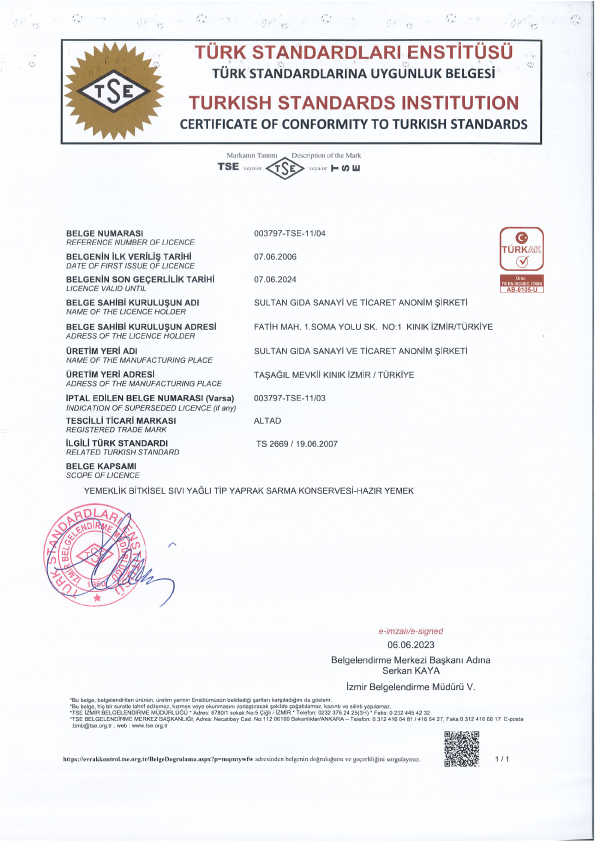 Yaprak Sarma Konservesi TSE Belgesi